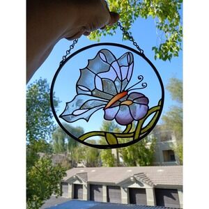 Stained Glass Suncatcher Lead Butterfly & Flowers 7" Diameter Round Hanging